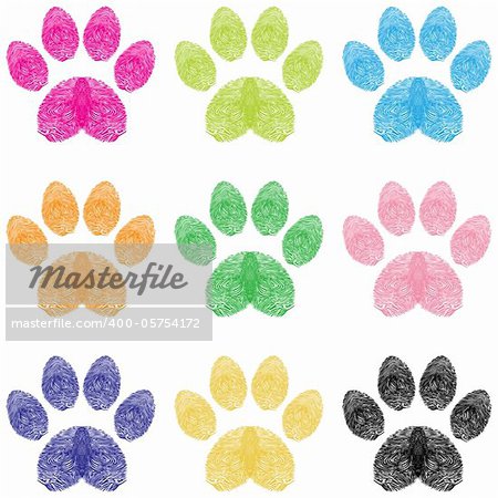 Illustration paw prints dogs in different colors.