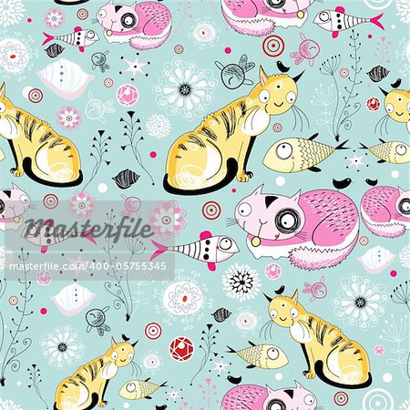 Seamless floral pattern of the cats and fish on a light blue background