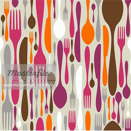 Silverware icons seamless pattern background. Fork, knife and spoon silhouettes on different sizes and colors. Vector avaliable.