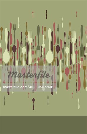 Cutlery icons seamless pattern background. Fork, knife and spoon silhouettes on different sizes and colors. Vector available.