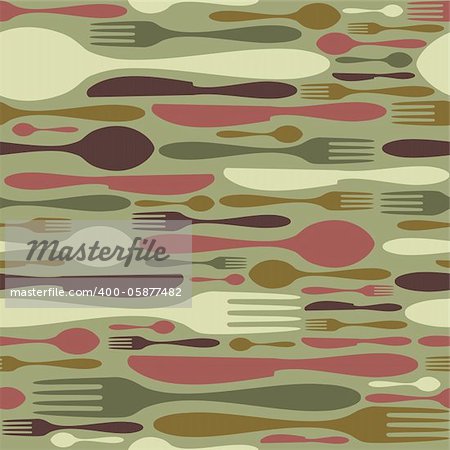 Cutlery icons seamless pattern background. Fork, knife and spoon silhouettes on different sizes and colors. Vector available.