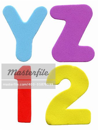 Colorful foam letters and numbers isolated on white