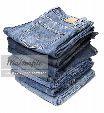 Jeans trousers stack on white background