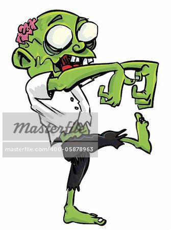 Cartoon zombie with exposed brain. Isolated on white