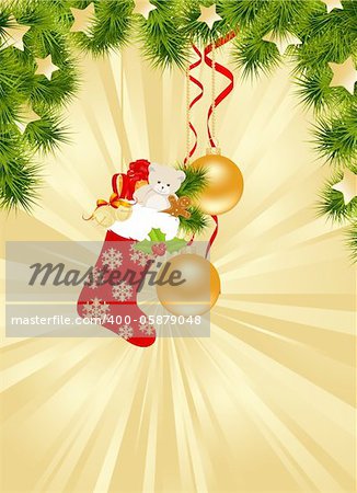Christmas gold background with decorations. Vector illustration.