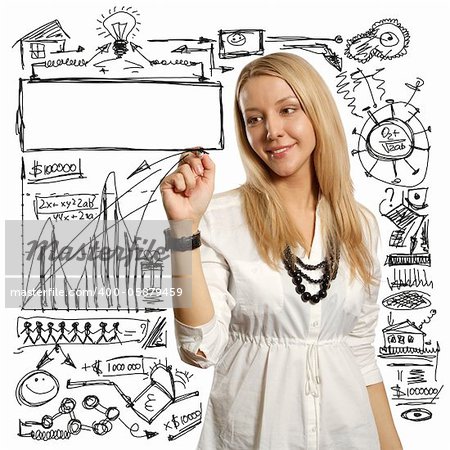 female writing something on glass board with marker