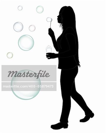black silhouette of a girl who blow bubbles on a white background