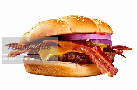 Hamburger,with a white backround.Smokeing hot bacon onions and a beef patty