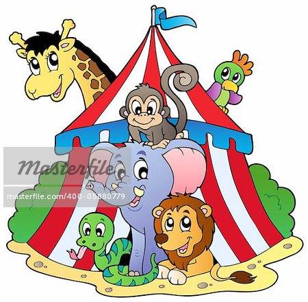 Various animals in circus tent - vector illustration.