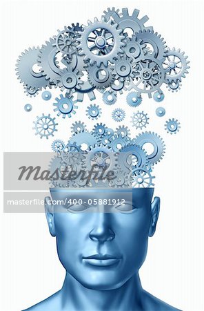 Learn & Lead symbol isolated on white represented by a human head with gears and cogs raining down from a symbolic server representing cloud computing.