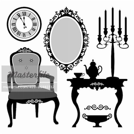 Set of antique decorative furniture and objects, vector illustration
