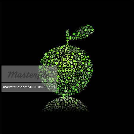 Apple Silhouette Filled With Diiferent Eco Object on Black Background - bulb, leaf, globe, drop, apple, house, trash. Ecology concept.