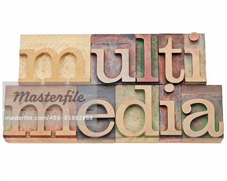 multimedia -  isolated text in vintage wood letterpress type, stained by color inks