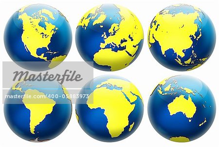 Six different positions globes isolated on white. In blue and yellow colors.