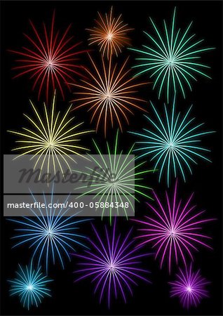 set of colored fireworks on black background vector illustration