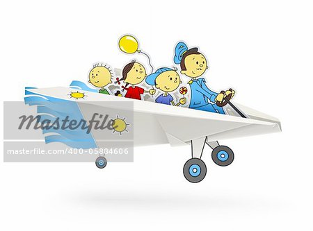 paper airplane with children origami vector illustration isolated on white background