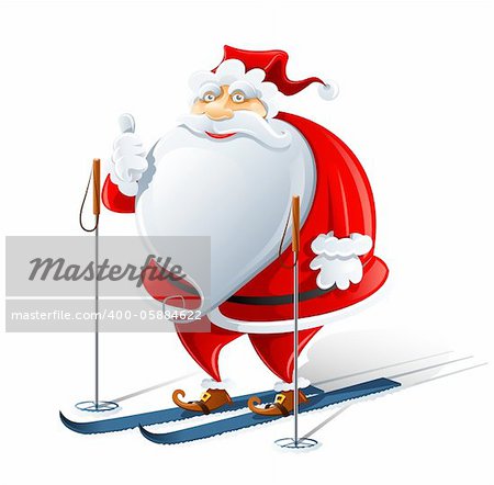 happy Santa Claus on ski vector illustration isolated on white background