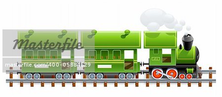 green retro locomotive with coach vector illustration isolated on white background
