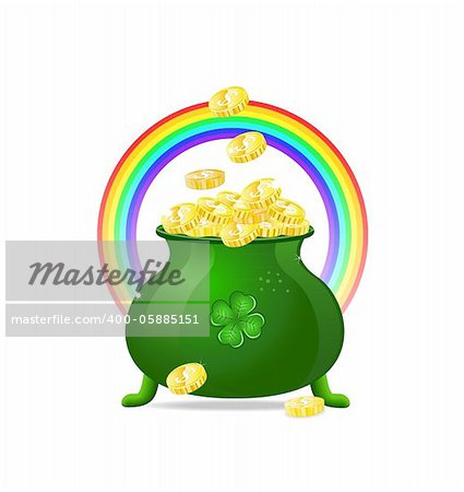 Green cauldron icon with gold coins and rainbow isolated on white background. Vector illustration on patrick's day