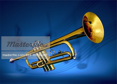 Polished brass trumpet on with musical notes projected against blue backdrop