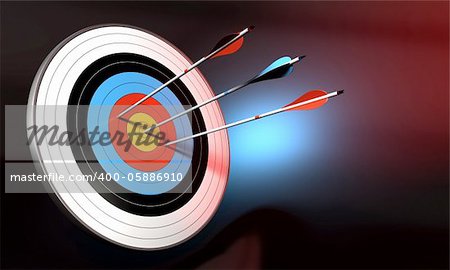 target and blue arrow hitting the center of bull's eye. 2 red arrows failed to reach the center. Black background with blue light effect
