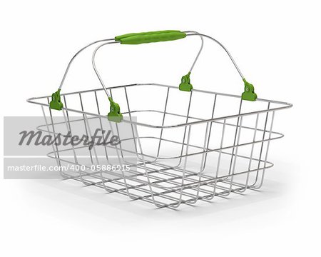 empty green metal basket over a white background