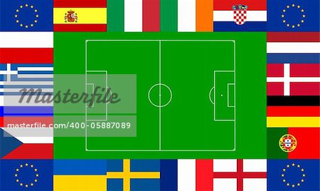 National team flags European football championship 2012. Flags from all 16 participating countries and the flag of Europe, sorted round an illustration of a soccer field according to groups