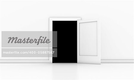 Open door in a white room with dark outside