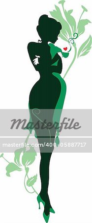 Silhouette of floral pregnant woman with cup of tea