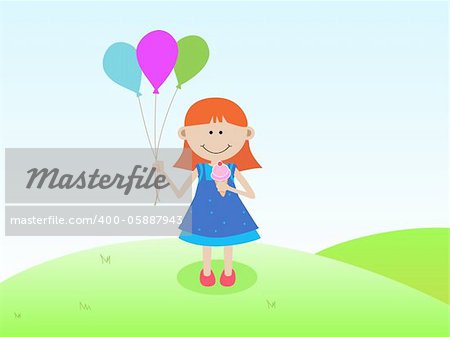 Little girl standing with a bunch of balloons in one hand and an ice-cream in other hand, with green grass and soft blue sky in the background. EPS 10.