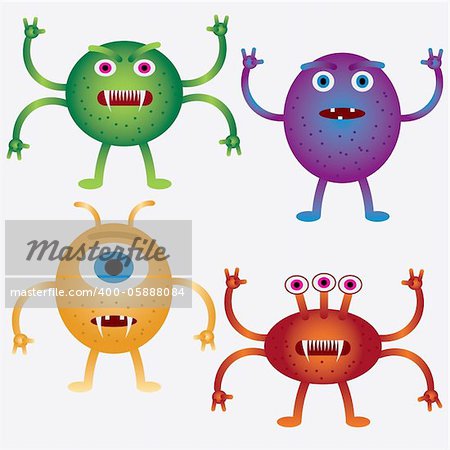 Set of coloured cartoon microbes on the white background. Also available as a Vector in Adobe illustrator EPS 8 format, compressed in a zip file.