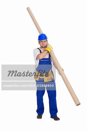 Handyman or worker carrying pipe - isolated