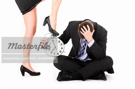 A picture of a sexy woman showing a deadline to her employee over white background