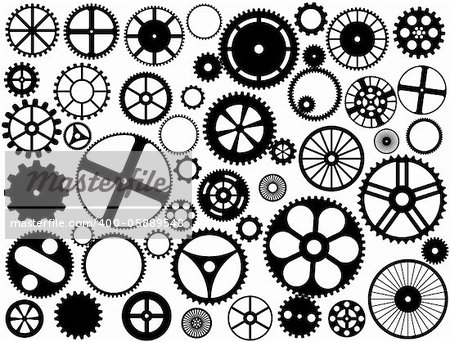 Various style and size gears, cogs and wheels silhouettes. Also available as a Vector in Adobe illustrator EPS 10 format, compressed in a zip file