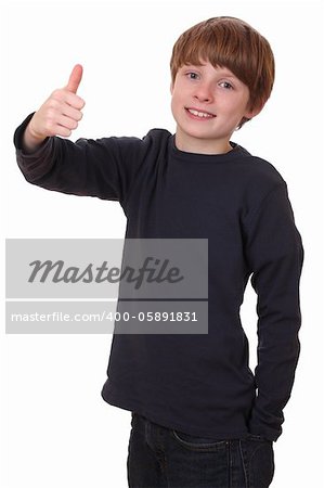 Portrait of a teenage boy with thumbs up on white background