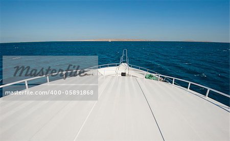 View from the bow of a large luxury motor yacht