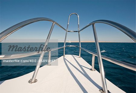 View from the bow of a large luxury motor yacht