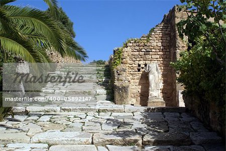 Palm trees, statue and ruins in Carthage, Tunisia