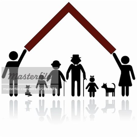 Protection people silhouette family icon. Person vector woman, man. Child, granfather, grandmother, dog, cat, babby buggy, carriage. Home illustration.