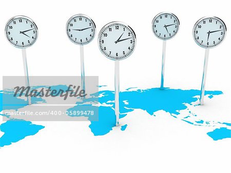 Illustration of different clocks on the world map