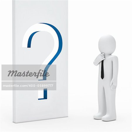 Businessman stand for a question mark wall