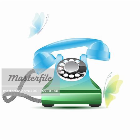 Ringing retro phone with butterflies, vector illustration, 2 layers