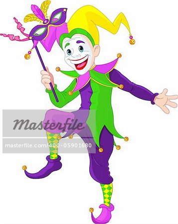 Clip art illustration of a cartoon Mardi Gras jester holding a mask