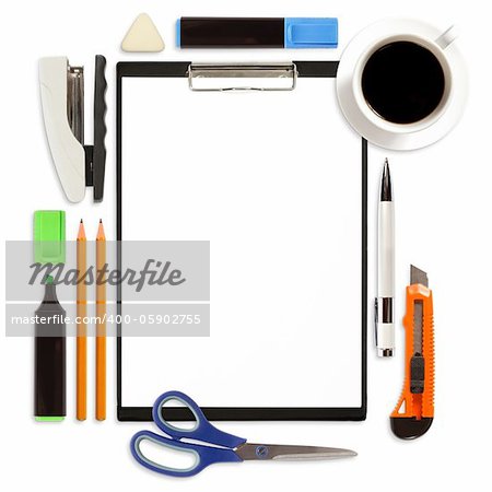 Business concept, clipboard with office supply isolated on white background