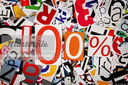 One hundred percent on abstract letters background