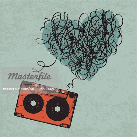 Vintage audiocassette illustration with heart shaped messy tape. Vector, Eps10
