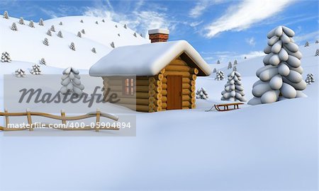 3D illustration of a cute little wooden hut in the middle of snowy countryside