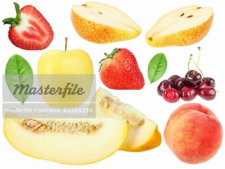 Set of fresh fruits and berryes. Isolated on white background. Close-up. Studio photography.