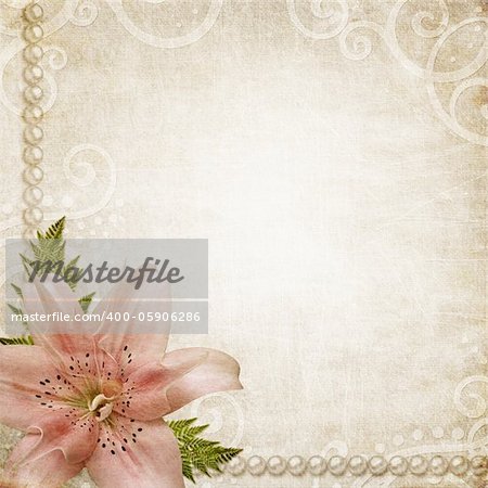 Romantic background witn grunge paper, pearls and pink lily flower