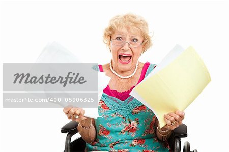 Disabled senior woman screaming in frustration about her medical bills.  Isolated on white.